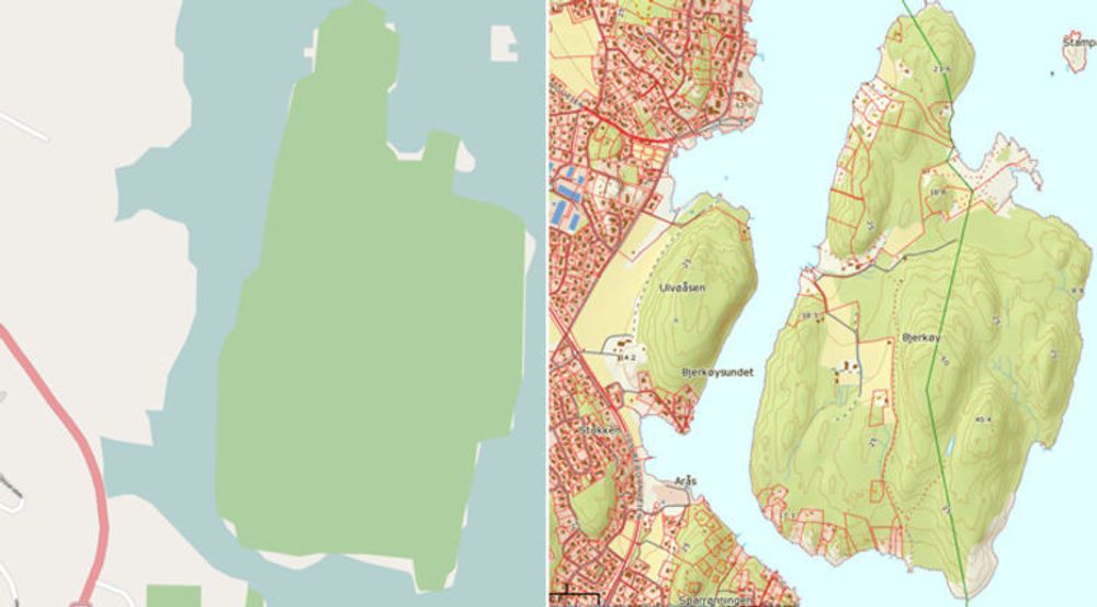 Bjerkøy i Vestfold-skjærgården utenfor Nøtterøy, fra hhv OpenStreetmap.no og Norgeskart.no. Dugnadsprosjektet OpenStreetmap tar sikte på å tilby så gode gratiskart som mulig. Det er langt igjen før de når samme kvalitet som Norgeskart, som har tilgang til kartene som Norge lovprises for av EuroGeographics. Disse kartene styres av Norge digitalt, og er ikke fritt tilgjengelig.