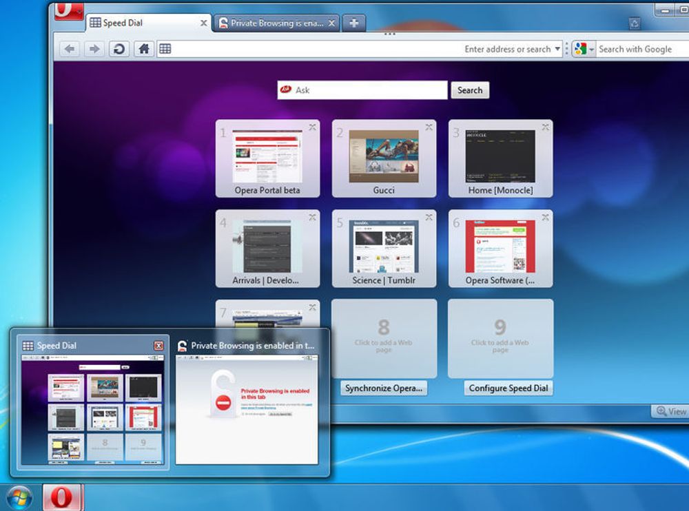 Opera 10.50 vist i Windows 7. Nederst til venstre vises JumpList-innholdet.
