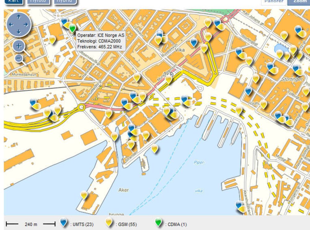 Post- og teletilsynets nye kartløsning viser mobilbasene fra alle norske mobiloperatører. Her et utsnitt over plasseringene i Oslo sentrum og Aker brygge.