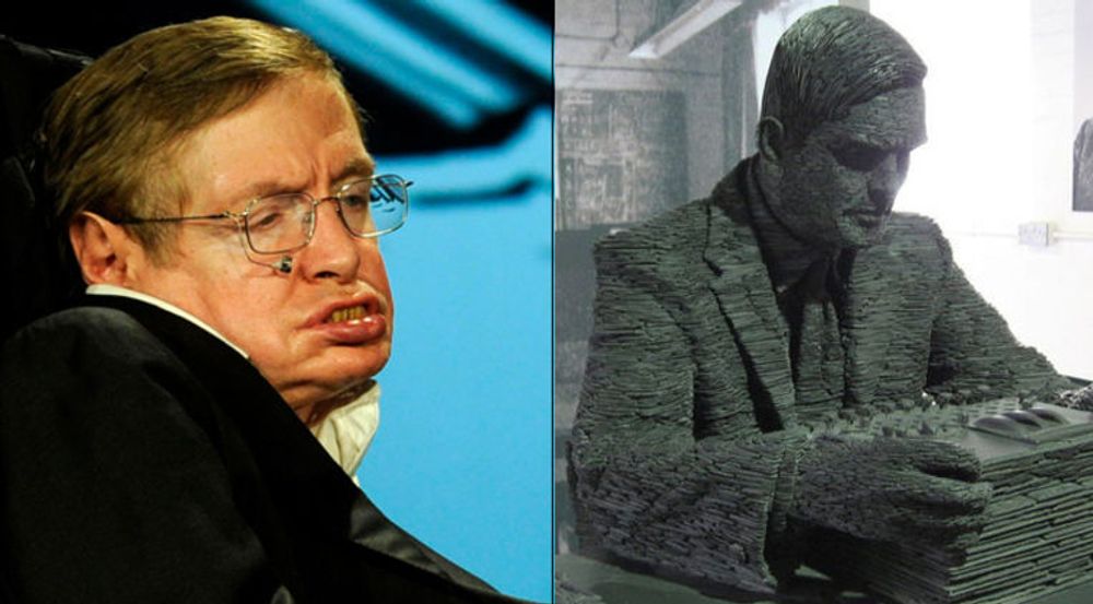 Professor Stephen Hawking ber den britiske regjeringen å benåde Alan Turing. Bildet (t.h) viser Turings statue i Bletchley Park, der han arbeidet under andre verdens krig med å knekke tyske krypteringskoder.