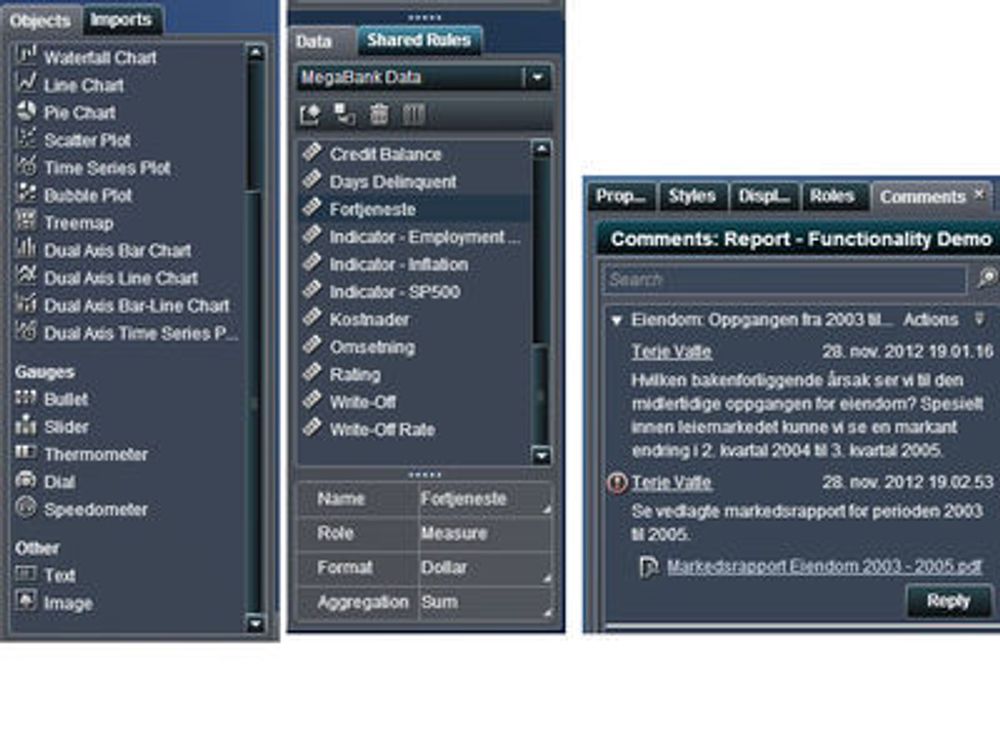 Detaljer fra første skjermbilde: Rapportelementer til venstre, samtaleboks en den aktuelle rapporten til høyre.