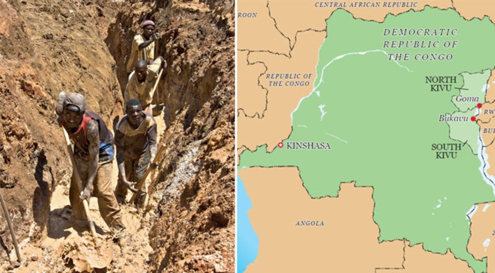 Illustrasjoner fra rapporten: Mineralutvinning med primitive metoder; kartet viser Kivu i det østlige Congo, der nabolandene Rwanda og Ugand, samt Congos uregjerlige hær, støtter ulike krigsherrer og militser, og tjener penger på utvinning av naturressurser i militsstyrte områder.