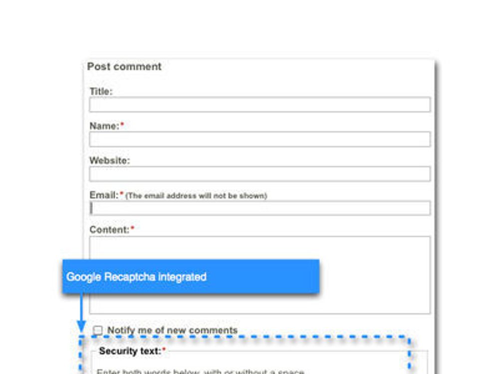 Googles reCaptcha-funksjon som skal hindre spam er nå innebygget i løsningen.