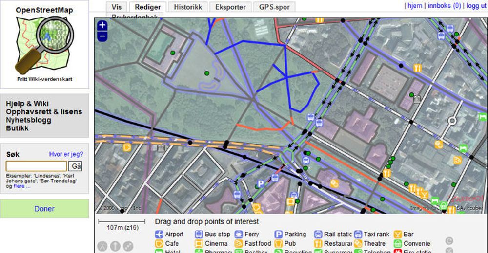 OpenStreetMap-redigering med verktøyet Potlatch - øvre del av Karl Johans gata i Oslo.