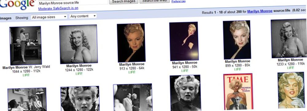 Google og Life byr på millioner av bilder. Her finnes bilder av alt mulig, også historiske personer som Marilyn Monroe. (Foto: faksimile)