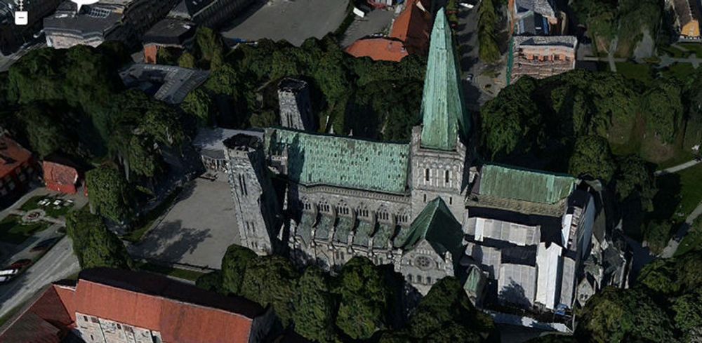 Trondheim er nå modellert i full 3D tilgjengelig i Sesams søk. Slik ser den kjente katedralen ut i fugleperspektiv.