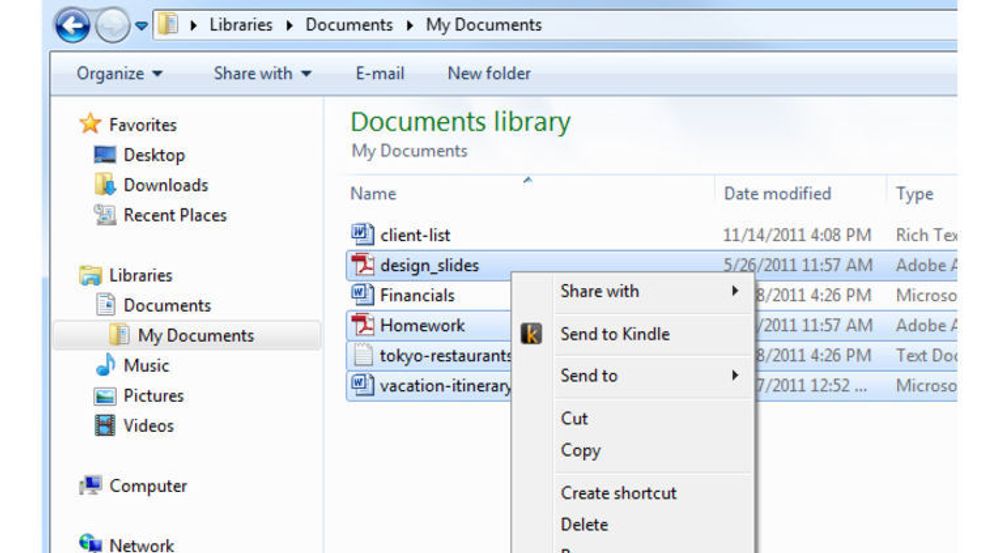 I Windows utforsker kan man merke flere filer samtidig og så høyreklikke for å sende dem til ens private Kindle Library.