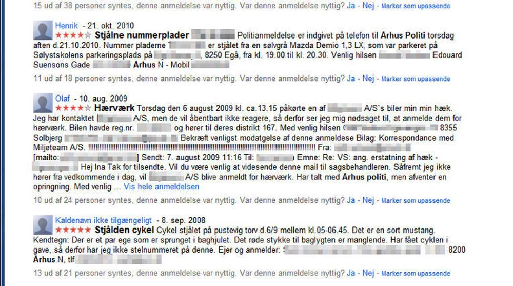 Eksempler på politianmeldelser i Google Steder-oppføringen for en dansk politistasjon. Sensureringen av personopplysninger er gjort av digi.no.