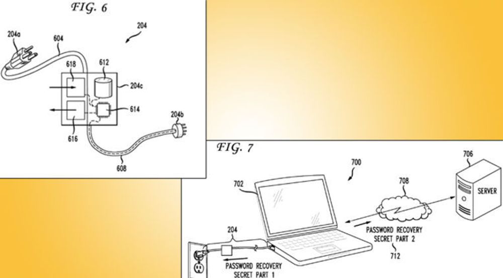 To figurer fra patentsøknaden. Figur 6 viser hvordan et kryptert passord kan lagres i en strømforsyning, slik at det bare kan gjenvinnes ved å dekrypteres med en unik nøkkel lagret på pc-en der passordet skal brukes. Figur 7 viser en sterkere variant der pc-en må koples til både strømforsyning og en server for at passordet skal kunne gjenopprettes.