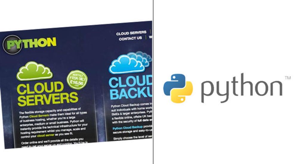 Krangel om varemerke: Fra v. Python solgt inn som produktnavn for skytjenester. Til høyre den langt mer kjente logoen til programmeringsspråket.