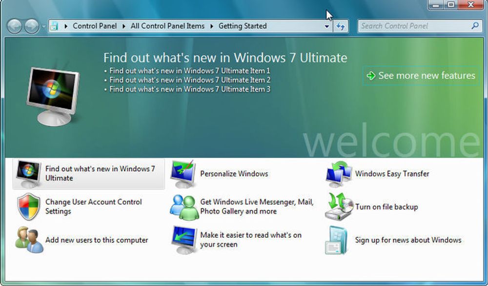 Foreløpig velkomstvindu i Windows 7 M3