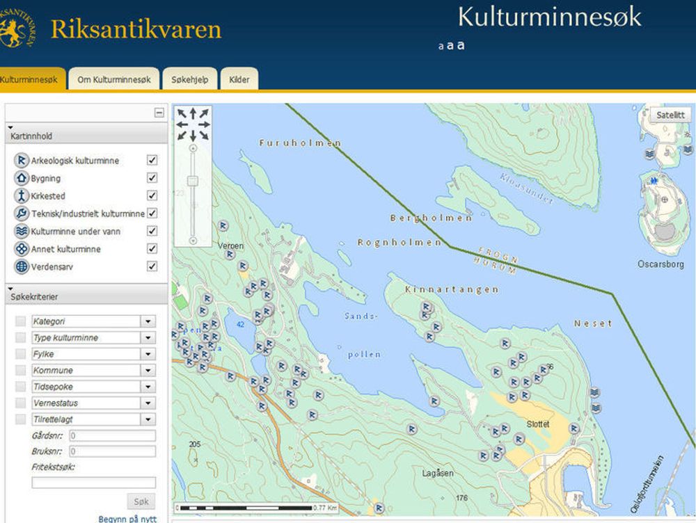 Eksempel på kartinformasjon i Kulturminnesok.no. Her vises funnsteder omkring Sandspollen i Hurum.