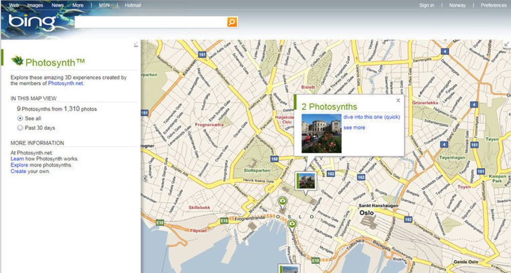 Microsoft Bing Maps Beta med Photosynth-applikasjonen aktivert.