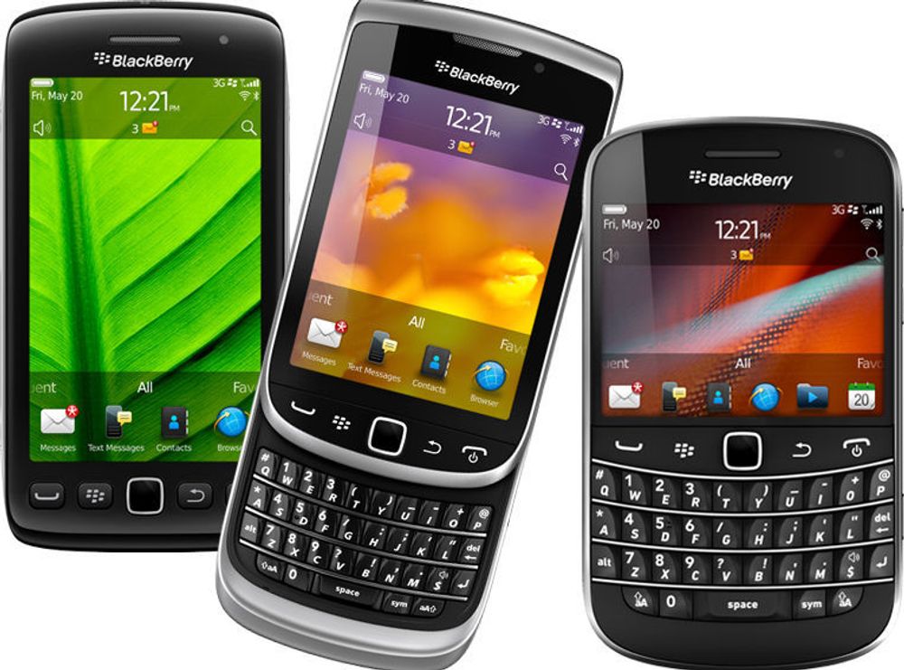 De nye Blackberry-mobilene har alle berøringsskjerm og det nye Blackberry OS 7. Fra venstre: Torch 9850/9860, Torch 9810 og Bold 9900/9930.