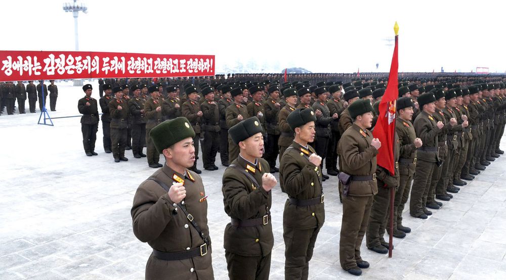 En sørkoreaner står nå tiltalt for å ha spredd en Twitter-melding fra Nord-Korea. Bildet viser en oppstilling av soldater fra den nordkoreanske folkehæren i Pyongyang i forrige måned, da de fornyet sine troskapsløfter til den avdøde lederen Kim Jong-il og hans etterfølger, sønnen Kim Jong-un.
