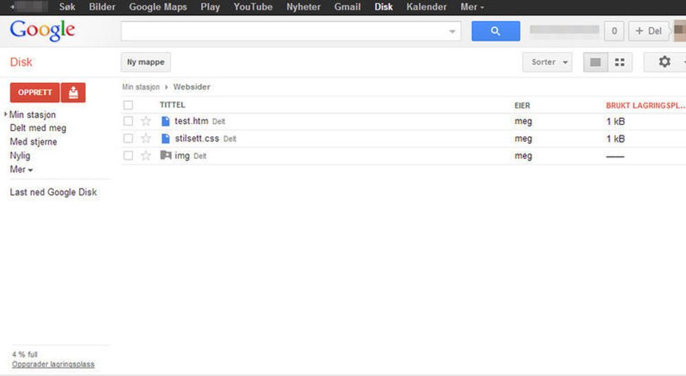 Mappestrukturen i Google Disk for eksempelsiden som nevnes i artikkelen.