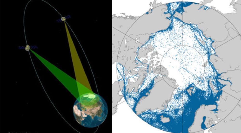 Prosjektet ASK ser for seg to HEO-satellitter med en omløpstid på 12, 16 eller 24 timer. De blå punktene på kartet er AIS-registreringer (Automatic Identification System) fra norske skip. De viser at skipstrafikken i Arktis og nordområdene er tettest i norske farvann.