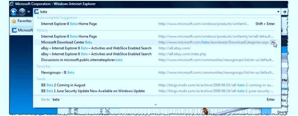 Det nye adressefeltet, "Smart Address Bar", i Internet Explorer 8.