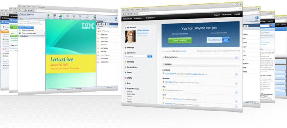 Skjermbilder fra LotusLive, der IBM akter å tilby bedrifter alle slags tjenester rundt meldinger, samarbeid og sosialenettverk, gjennom nettskyen.
