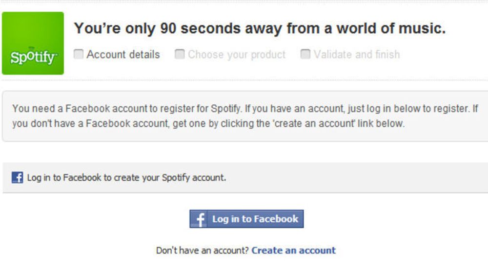 Spotify forutsetter at nye brukere har eller oppretter en Facebook-konto.