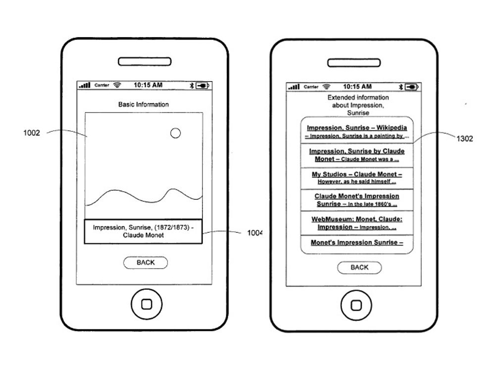 Tegninger fra patentsøknaden viser en måte å bruke ID App på. Du står foran en reproduksjon av et maleri, men vet verken tittel eller maler. Du tar et bilde av maleriet, og laster det i ID App som bruker forskjellige teknologier for å prøve å kjenne igjen motivet. Tegningen til venstre viser den grunnleggende informasjonen som er funnet, at det dreier seg om Soloppgang av Monet. Til høyre er en liste over kilder til mer informasjon om bildet og maleren.