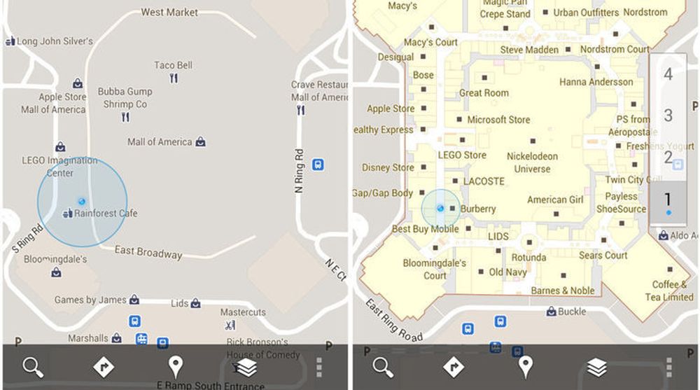 Mall of America, slik det ble vist i Google Maps for Android tidligere og slik det vises i versjon 6.0. Til høyre sees etasjevelgeren.