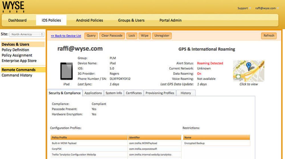 Dette skjermbildet fra nettskytjenesten Wyse EMM viser den detaljerte kontrollen den tilbyr over en brukers iPad.