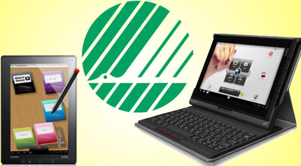 Lenovo Thinkpad Tablet er et Android-brett for bedriftsmarkedet. Til venstre vises den forhåndsinstallerte applikasjonen MyScript Notes, der man kan ta notater for hånd med lyspennen. Tastaturet er ekstrautstyr.