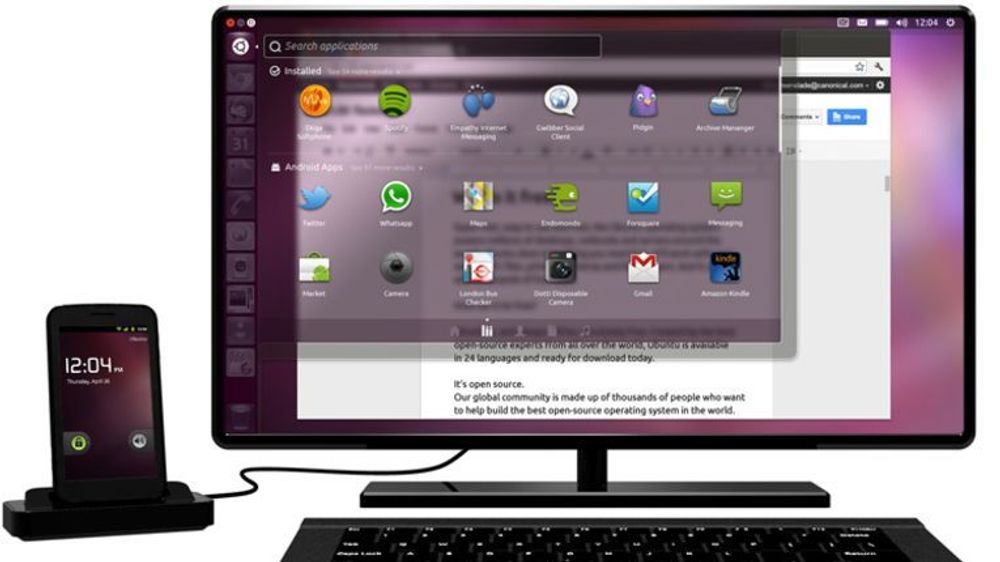 Ubuntu for Android-basert smartmobil kjører Ubuntu i tillegg når den er tilkoblet skjerm, tastatur og mus via en dokk.