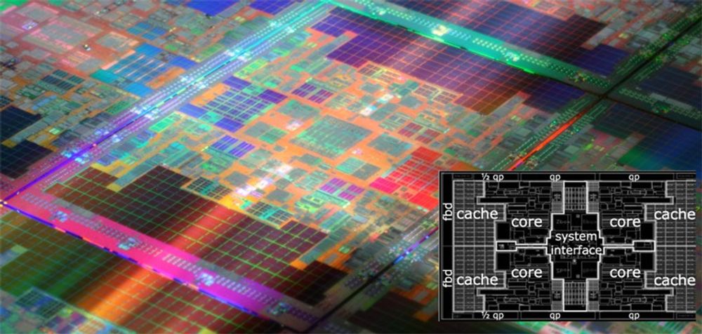 Nærbilde av silisiumskive med flere Tukwila-prosessorer. Farvene er kunstige. Den innfelte skissen viser områdene for hver av de fire kjernene, samt cache og systemgrensesnitt.