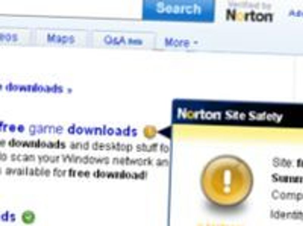 Kun for Norton-brukere: Egne fargeikoner indikerer om nettstedet er trygt å besøke, usikkert eller farlig. Ved å bevege muspekeren over ikonene får brukeren ytterligere detaljer.(Foto: Ask/Symantec)