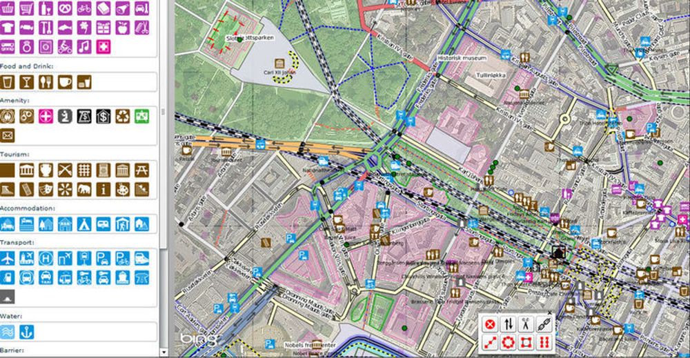 Redigering av OpenStreetMap med verktøyet Potlatch 2 og med flyfoto fra Bing Maps.
