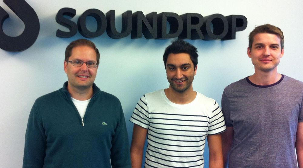 Soundrop henter inn 18 millioner kroner. Fra v. direktør Inge Andre Sandvik, teknologisjef Ali Sabil og produktsjef Johan Prieur. Den fjerde gründeren, utviklingssjef Ole Andre Vadla Ravnås var ikke til stede da bildet ble tatt.