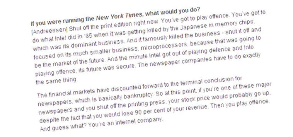 Netscape-gründer har en klar oppskrift for hva han ville gjort hvis han var sjef for en av verdens mest annerkjente avis, New York Times.