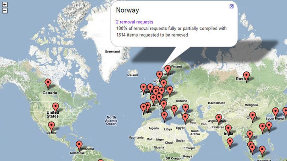 Google tilbyr et interaktivt kart knyttet til selskapets Transparency Report, som gir rask oversikt over ulike lands forespørsler om utlevering eller sletting av data hos selskapet.