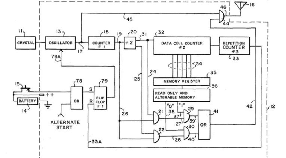 Charles Walton tegnet denne kretsen for et patent innvilget i 1983, med RFID i et kredittkort.