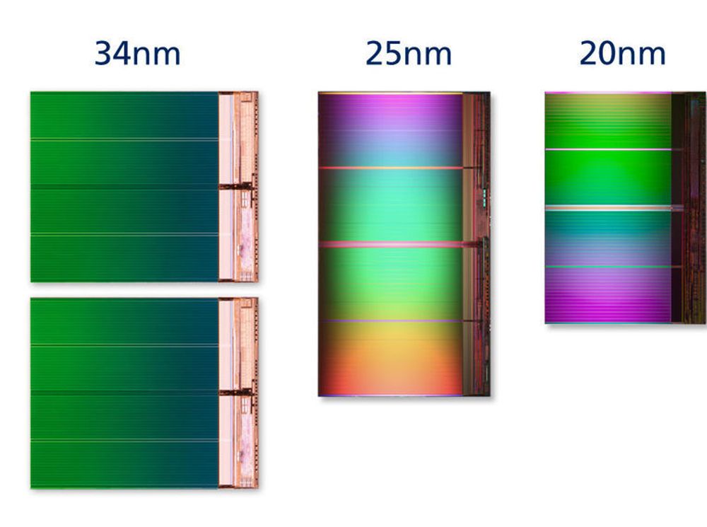 Illustrasjonen viser størrelsensforskjellen på 8 gigabyte med flashminne basert på henholdsvis 34, 25 og 20 nanometers prosessteknologi fra Intel og Micron. 