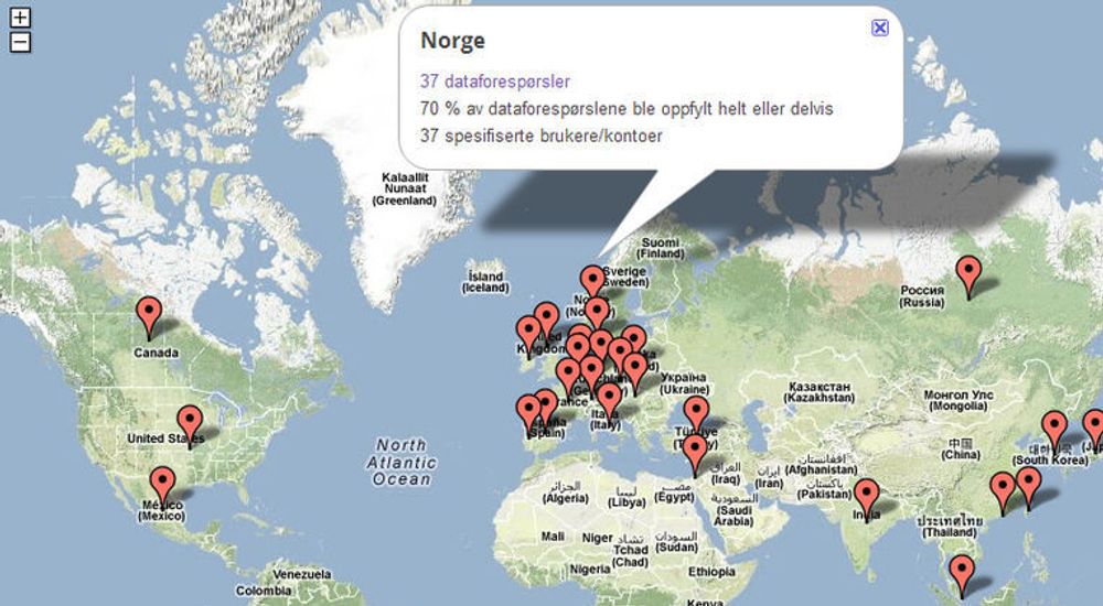 Kart over hvilke land som har bedt om å få innsyn i brukerdata fra Google.