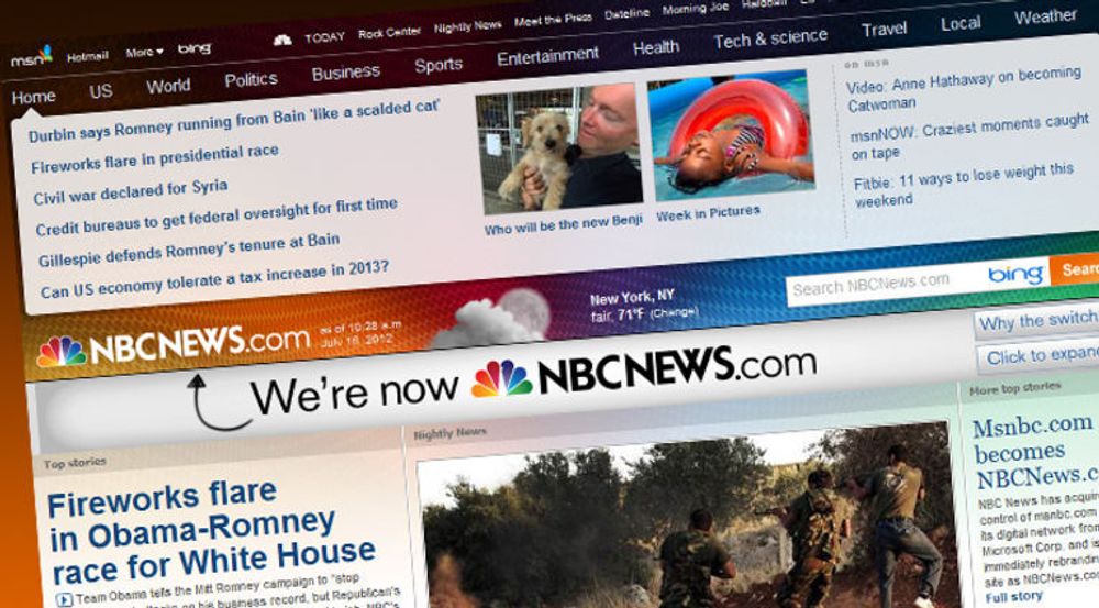 På forsiden til NBCNEWS.com er Bing fortsatt søkemotoren, og den øverste lenken til venstre er fortsatt til MSN.com.
