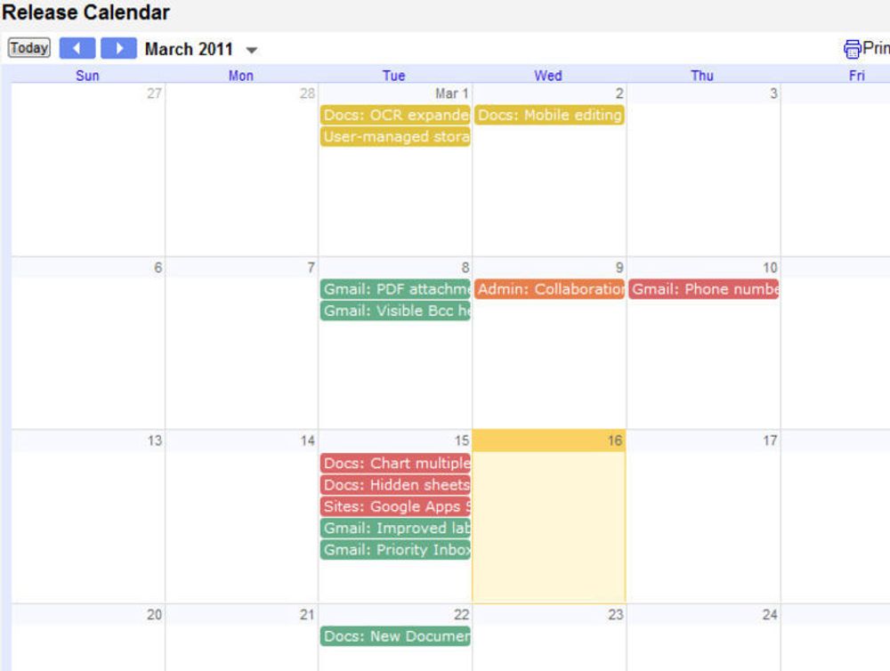 Kalender over ny og kommende funksjonalitet i Google Apps.
