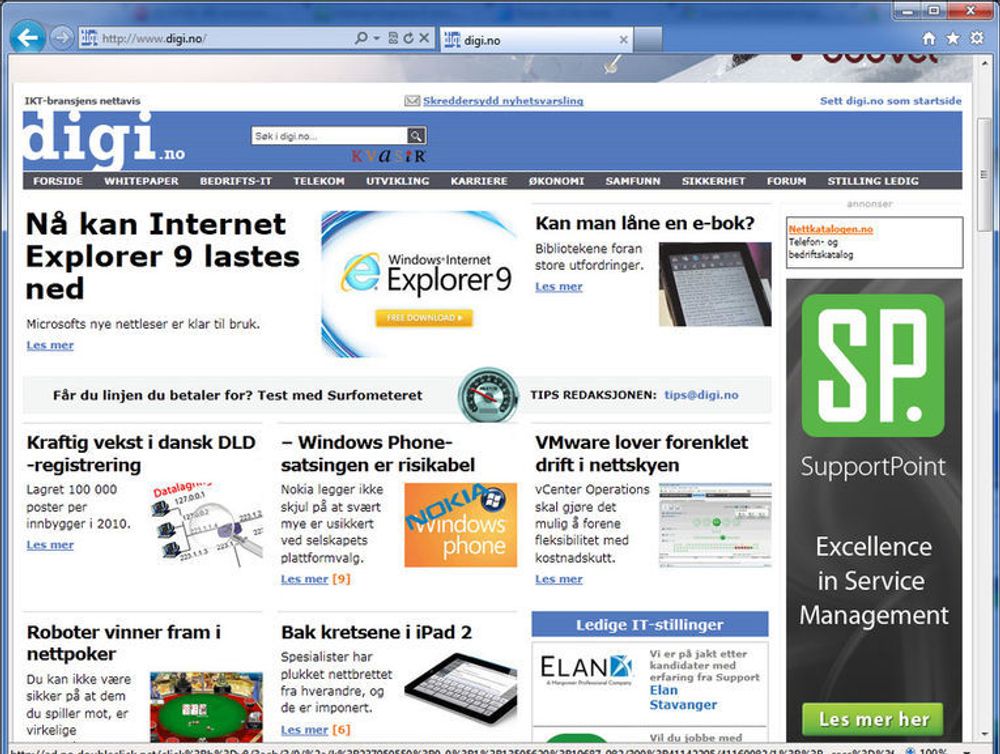 Digi.no vist i Internet Explorer 9.