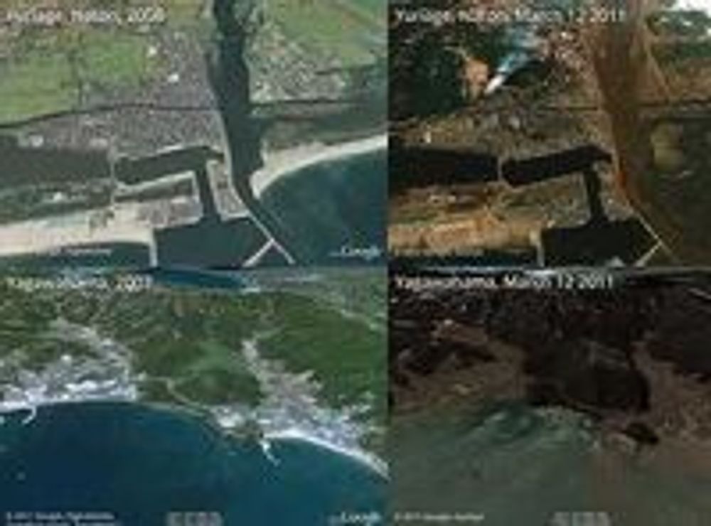 Vasket vekk av vannmassene: De japanske byene Yuriage og Yagawahama ble hardt rammet av tsunamien fredag.