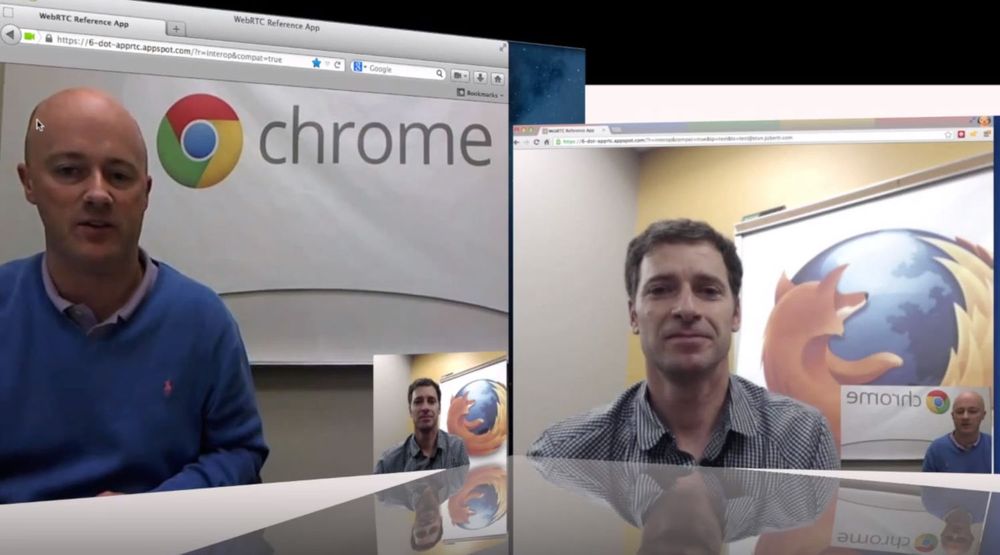 Hugh Finnan i Google og Todd Simpson i Mozilla i en kort videosamtale ved hjelp av WebRTC og henholdsvis Chrome og Firefox.