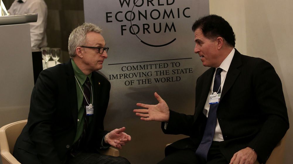Som verdens 60. rikeste mann var Michael Dell (t.h) selvskreven som deltaker på Verdens økonomiske forum i januar i år. Det er ikke oppgitt hvem samtalepartneren er.