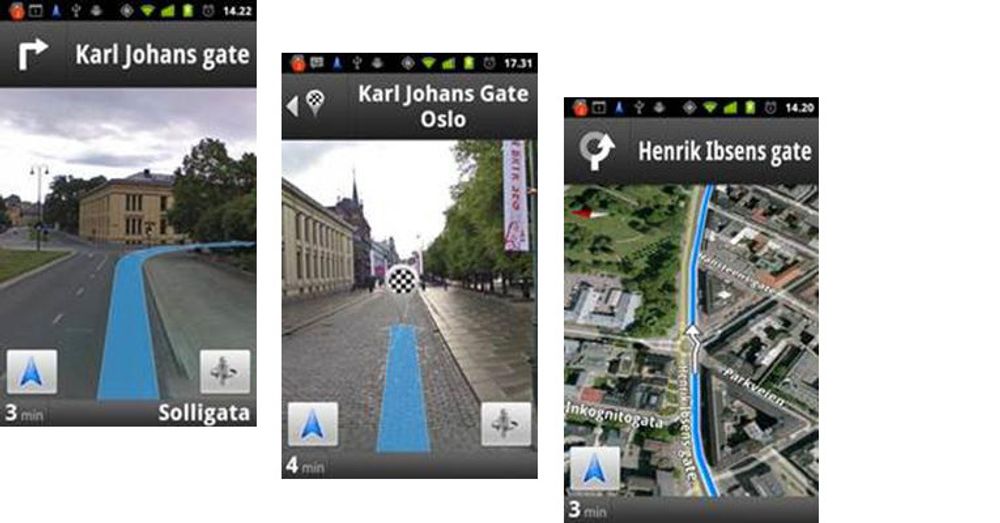 Eksempler på skjermbilder fra en Android-mobil som kjører Google Maps Navigation i Oslo.