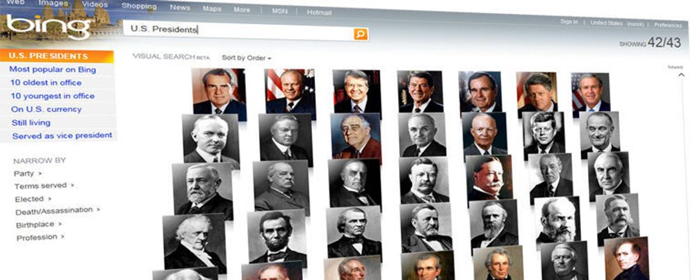 Fem amerikanske presidenter er fortsatt i live. Det er lett å finne hvilke ved hjelp av Bings nye visuelle søk. Merk at nettjenesten krever utvidelsen Silverlight fra Microsoft for å komme til sin rett.