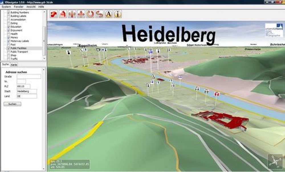 Heidelberg i Tyskland som presentert av OpenStreetMap 3D-tjenesten.