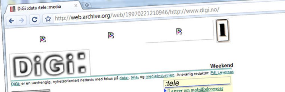 Wayback Machine: Du kan finne så mangt i nettets tidsmaskin. Her digi.no fra 1997, året etter oppstarten.