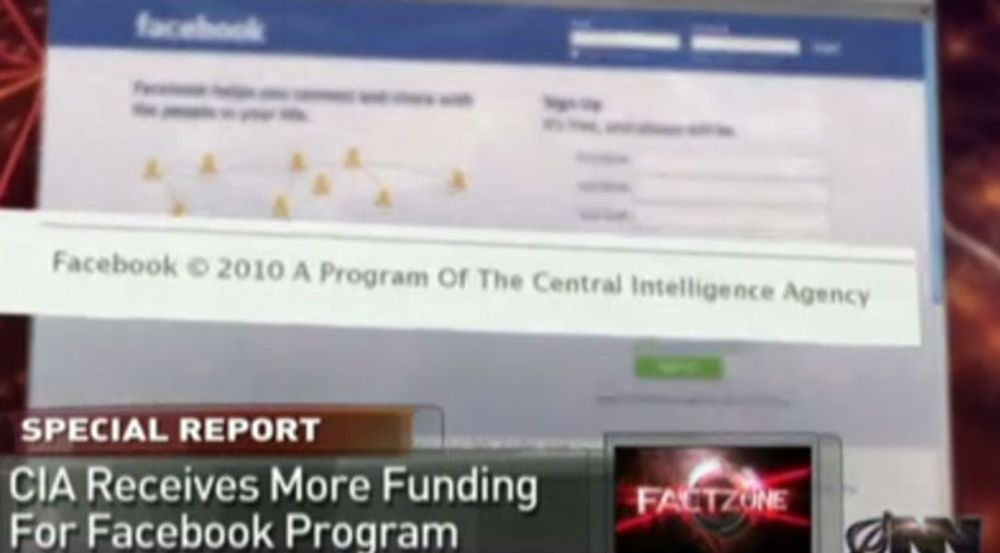 Skjermdump fra satiriske Onion News Network, i en oppdiktet nyhetsrapport om hvordan kongressen utvider bevilgningene til CIA-programmet Facebook.