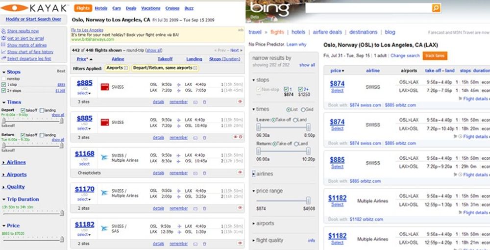 Det er liten tvil om at Bing Travel har mye felles med Kayak.